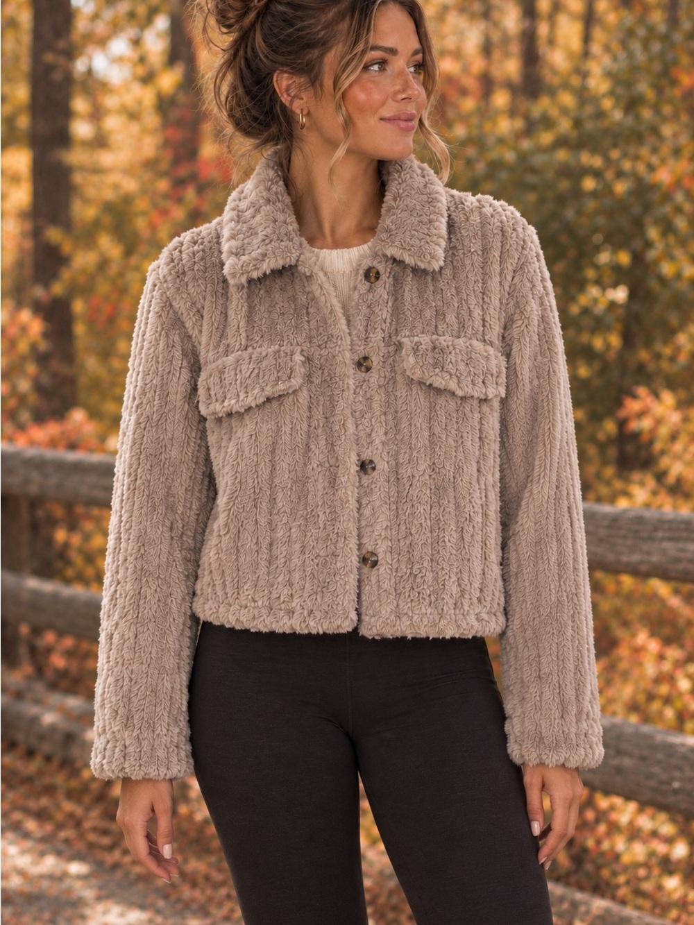 SHEIN Taupe Teddy Fleece Jacket Large Cropped Sherpa Button Front